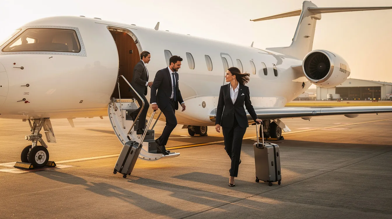 A group of business professionals is stepping off a midsize private jet onto a quiet airport ramp, showcasing a moment of luxury travel and commitment to efficiency. The aircraft, sleek and modern, reflects the high standards of those who frequently operate in the world of business.
