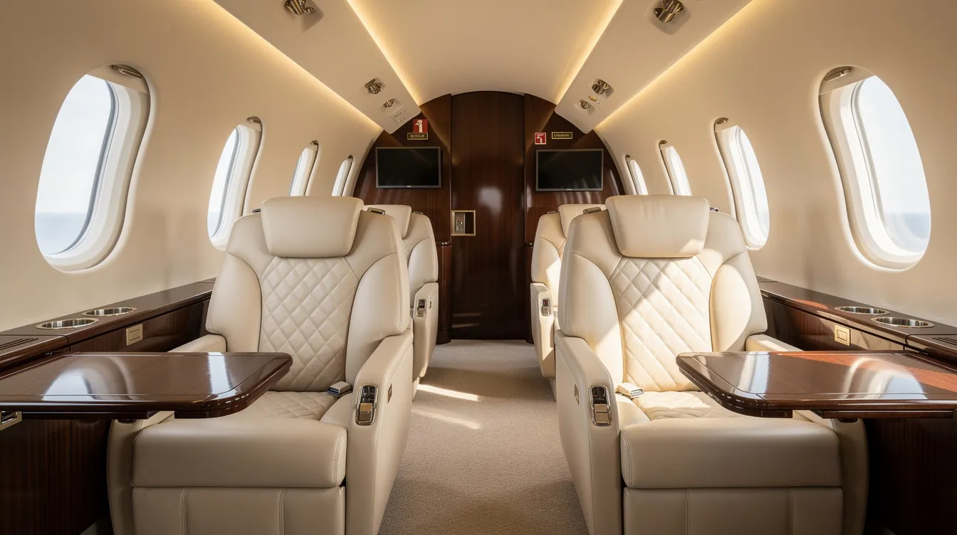 The image showcases the interior of a Gulfstream G550 private jet cabin, featuring cream leather seats and polished wood accents, illuminated by natural light streaming through oval windows, emphasizing comfort and luxury for clients.