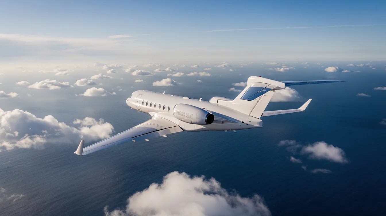 A sleek Gulfstream G550 aircraft soars above a vast blue ocean, with scattered clouds drifting below, showcasing its luxurious features and comfort for clients. The silver exterior glistens in the sunlight as it flies gracefully through the sky.
