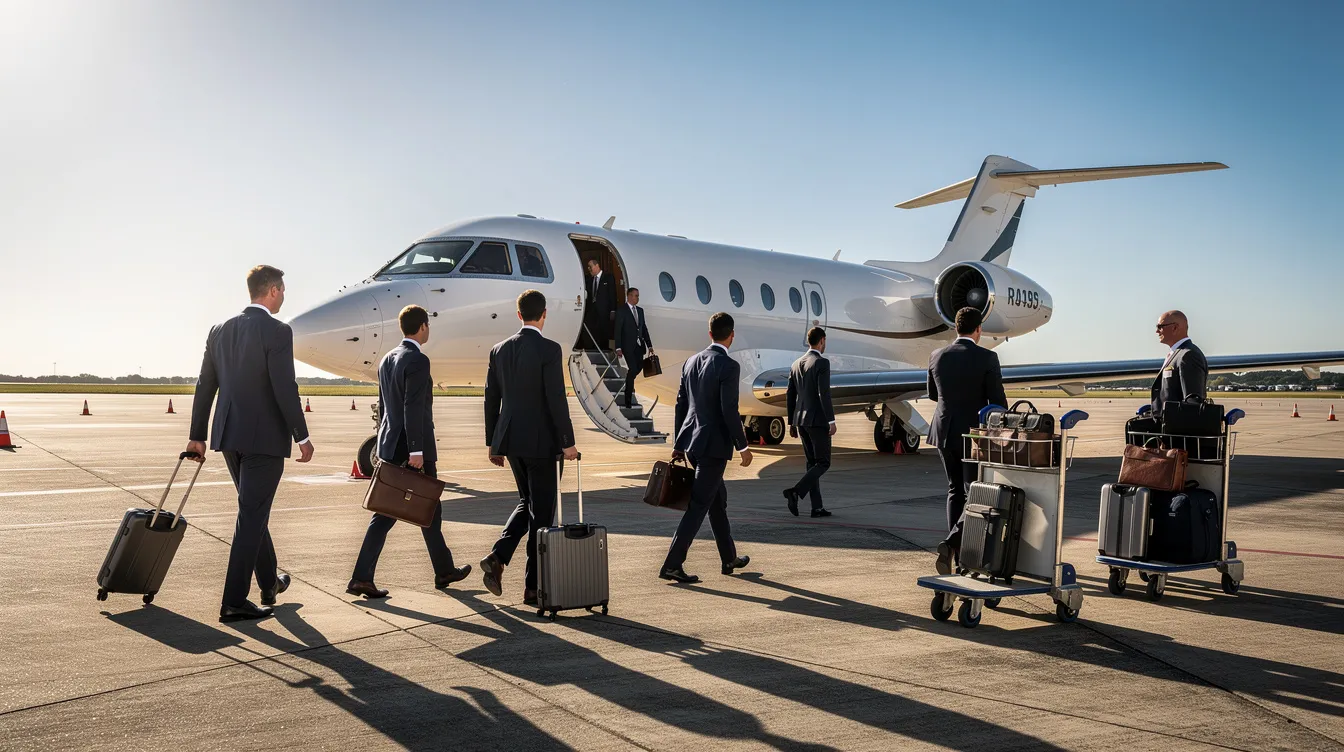 A group of business travelers in suits walks toward a sleek white Gulfstream G550 private jet on a sunny tarmac, accompanied by luggage carts nearby. The scene conveys a sense of luxury and professionalism, highlighting the comfort and features of private air travel.