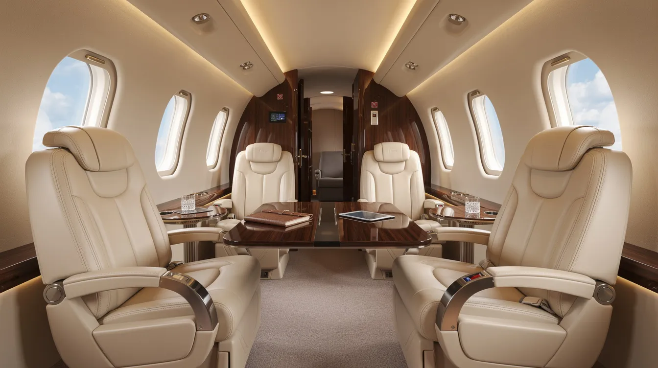The image shows the luxurious interior of a private jet cabin, featuring cream leather club seats arranged to face each other with a polished wood table placed between them, typical of a G IV aircraft. The elegant design highlights comfort and sophistication in private air travel.