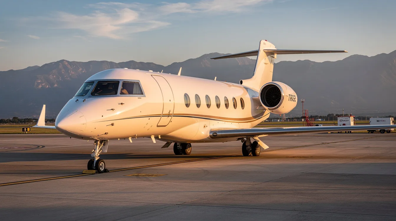 A white Gulfstream G-IV aircraft is parked on a sunlit airport tarmac, with distant mountains providing a scenic backdrop. The sleek design of the heavy jet contrasts against the clear blue sky.