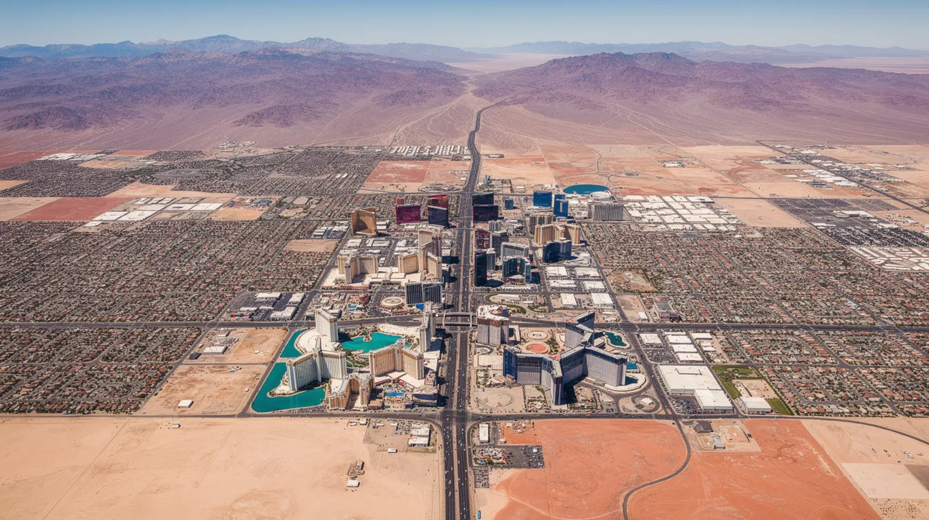 An aerial view captures the vibrant Las Vegas Strip, showcasing its iconic hotels and casinos, surrounded by the vast desert landscape. The image is taken from high altitude, likely from an aircraft like the G IV, highlighting the contrast between the bustling city and the arid terrain.