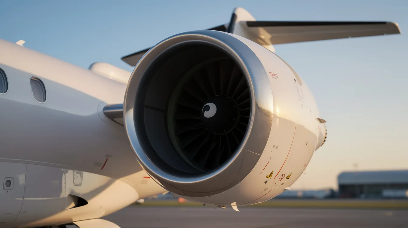 A close-up view of a turbofan engine mounted on the rear fuselage of a regional jet aircraft, showcasing intricate details of the engine's design and its efficient systems. This image highlights the Fokker 100's capabilities, which are essential for operations involving takeoff and landing at airports around the world.