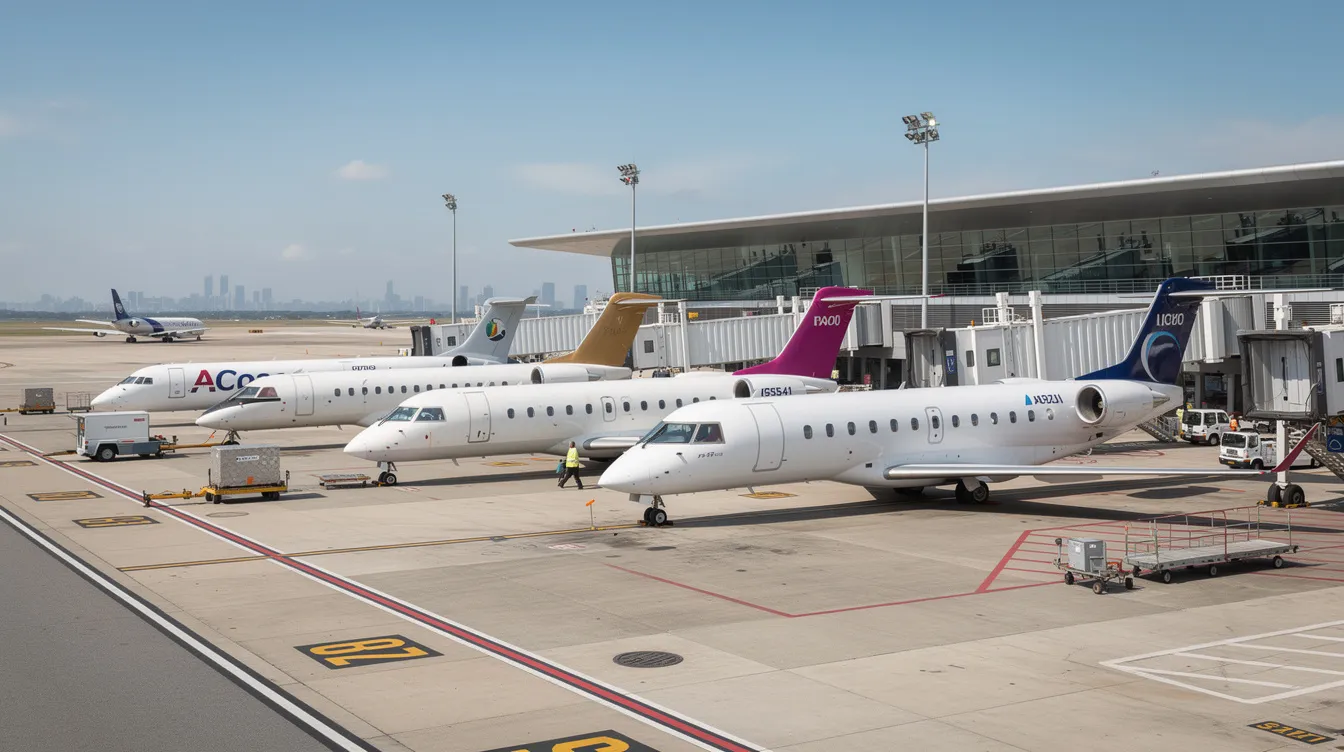 A lineup of multiple regional jet aircraft, including a Fokker 100, is parked side by side at an airport gate, showcasing various sizes and configurations. These airliners, designed for efficient operations, are ready for boarding, with visible details of their wings and engines, highlighting their readiness for takeoff and landing.