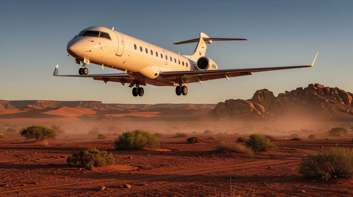 A regional jet aircraft, resembling a Fokker 100, is approaching for landing over a vast desert landscape characterized by red earth and sparse vegetation. The aircraft's wings are extended, and its engines are preparing for a smooth touchdown on the runway below.