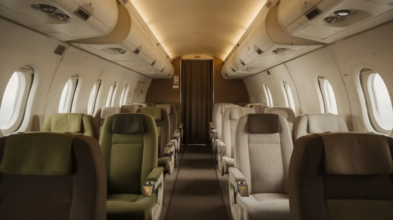 The image shows the interior of a vintage narrow-body aircraft cabin, featuring rows of fabric-covered seats and small overhead bins, evoking a sense of nostalgia and travel. The cozy atmosphere hints at the energy of a band preparing for a tour, channeling their love for music as they set off on a journey around the world.