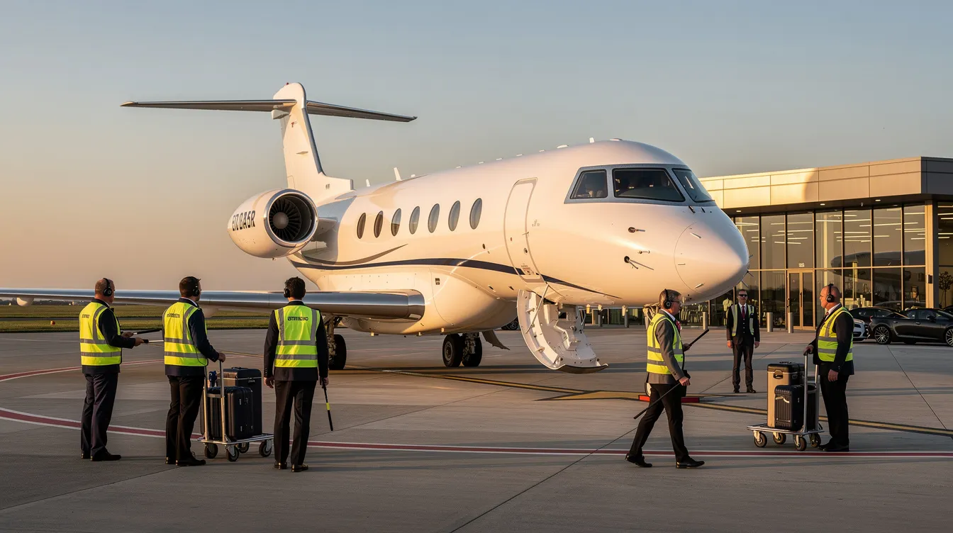 A modern white private jet with sleek lines is parked at a private aviation terminal, surrounded by ground crew members attending to it. The scene conveys a sense of luxury and efficiency, reminiscent of the energy and purpose found in a vibrant music tour.