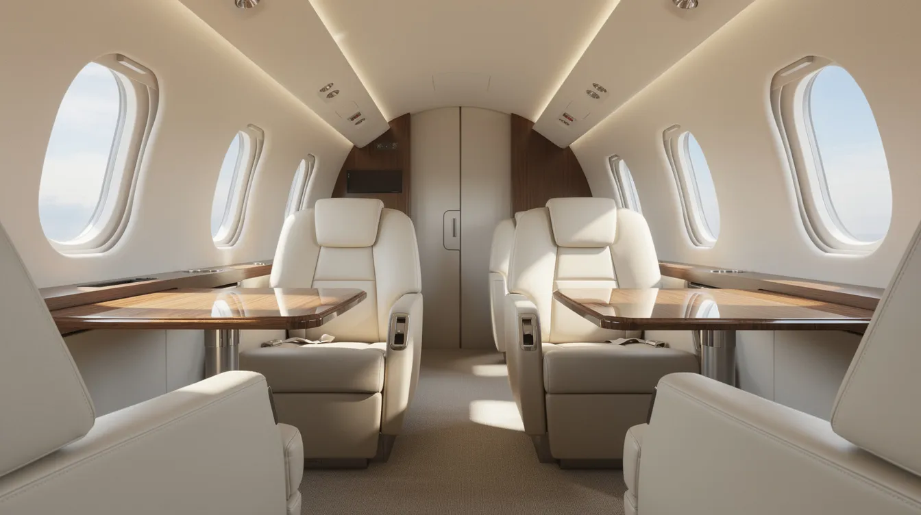 The image depicts a luxurious modern private jet interior featuring cream leather club seating and elegant wood grain tables, complemented by large oval windows that offer a view of the world outside. This sophisticated setting exudes a sense of energy and purpose, perfect for artists and musicians on tour.