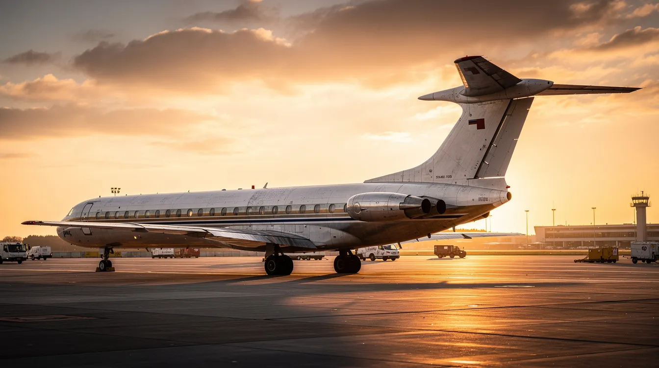 A vintage twin-engine commercial jet with rear-mounted engines and a T-tail is parked on an airport tarmac, bathed in the warm hues of a sunset. The scene captures the essence of travel and adventure, evoking a sense of purpose and energy as the day comes to a close.