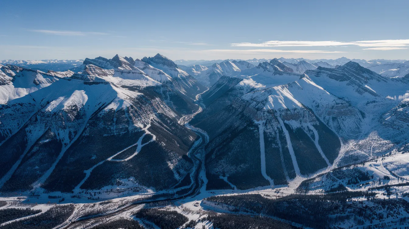 An aerial view showcases majestic snow-capped mountain peaks, with a winding valley nestled below, reminiscent of Colorado ski country. This picturesque landscape highlights the beauty of remote locations, perfect for those seeking adventure and the benefits of private aviation.