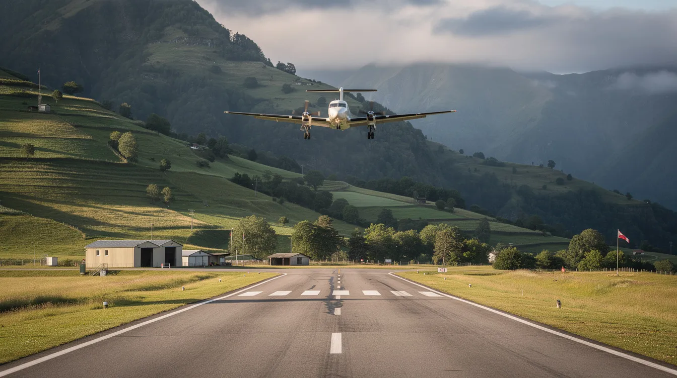 A turboprop charter aircraft is landing on a small mountain airstrip, surrounded by lush green hills, showcasing the beauty of remote locations accessible through private aviation. This scene highlights the flexibility and capabilities of a fleet of charter aircraft, expertly maintained for safe operations.