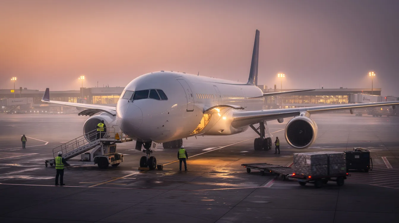 A large wide-body jet is parked on the tarmac at dusk, with ground crew members in uniforms preparing for boarding, likely for a professional sports team charter flight. The scene captures the anticipation of athletes and support staff as they prepare for their next game.