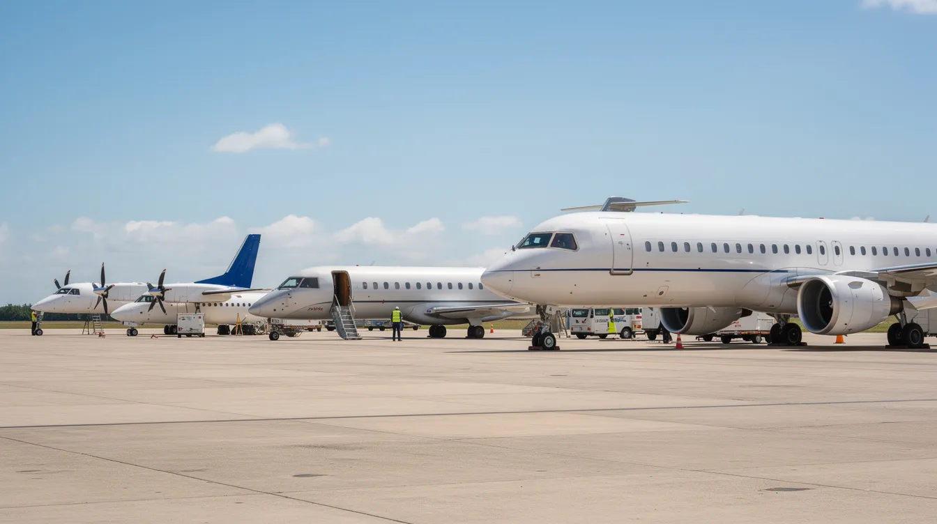 The image depicts a sunny airport ramp featuring a lineup of various aircraft, including a small turboprop and a large widebody jet, showcasing different aircraft categories. This diverse collection highlights options for private jet charters, ideal for professional sports teams and their travel logistics to sports events.