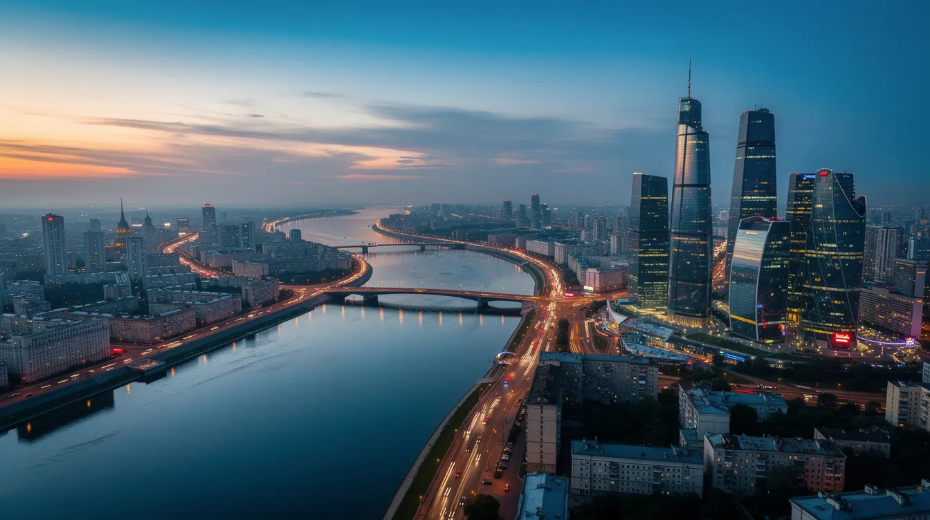An aerial view of the Moscow city skyline at dusk showcases the shimmering river and modern buildings, with iconic structures like St. Basil's Cathedral visible among the urban landscape. This vibrant scene reflects the rich history and luxurious atmosphere of the capital, highlighting the demand for private jet charter services and private travel options in the city.