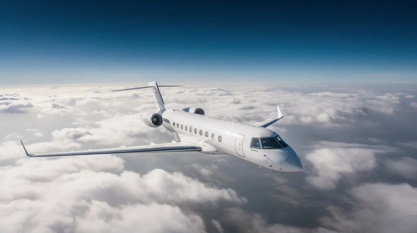A private jet glides gracefully above a sea of fluffy white clouds, framed by a bright blue sky, embodying the luxury and exclusivity of private aviation. This stunning image highlights the allure of private jet charter flights, representing the freedom and elegance associated with private travel.