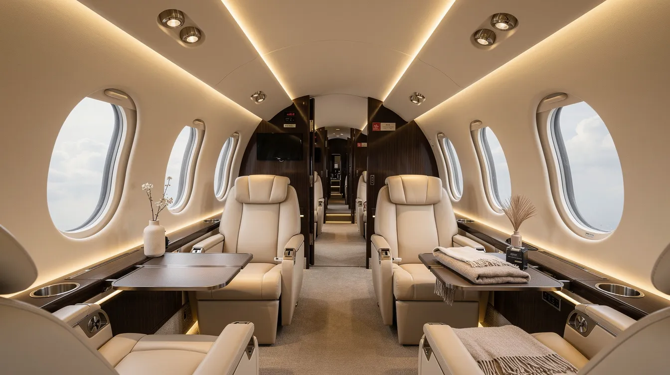 The image depicts the interior of a luxurious private jet cabin featuring plush leather seats and soft ambient lighting, creating an inviting atmosphere for passengers. This modern setting illustrates the opulence associated with private aviation, ideal for business travel or private jet charter flights.