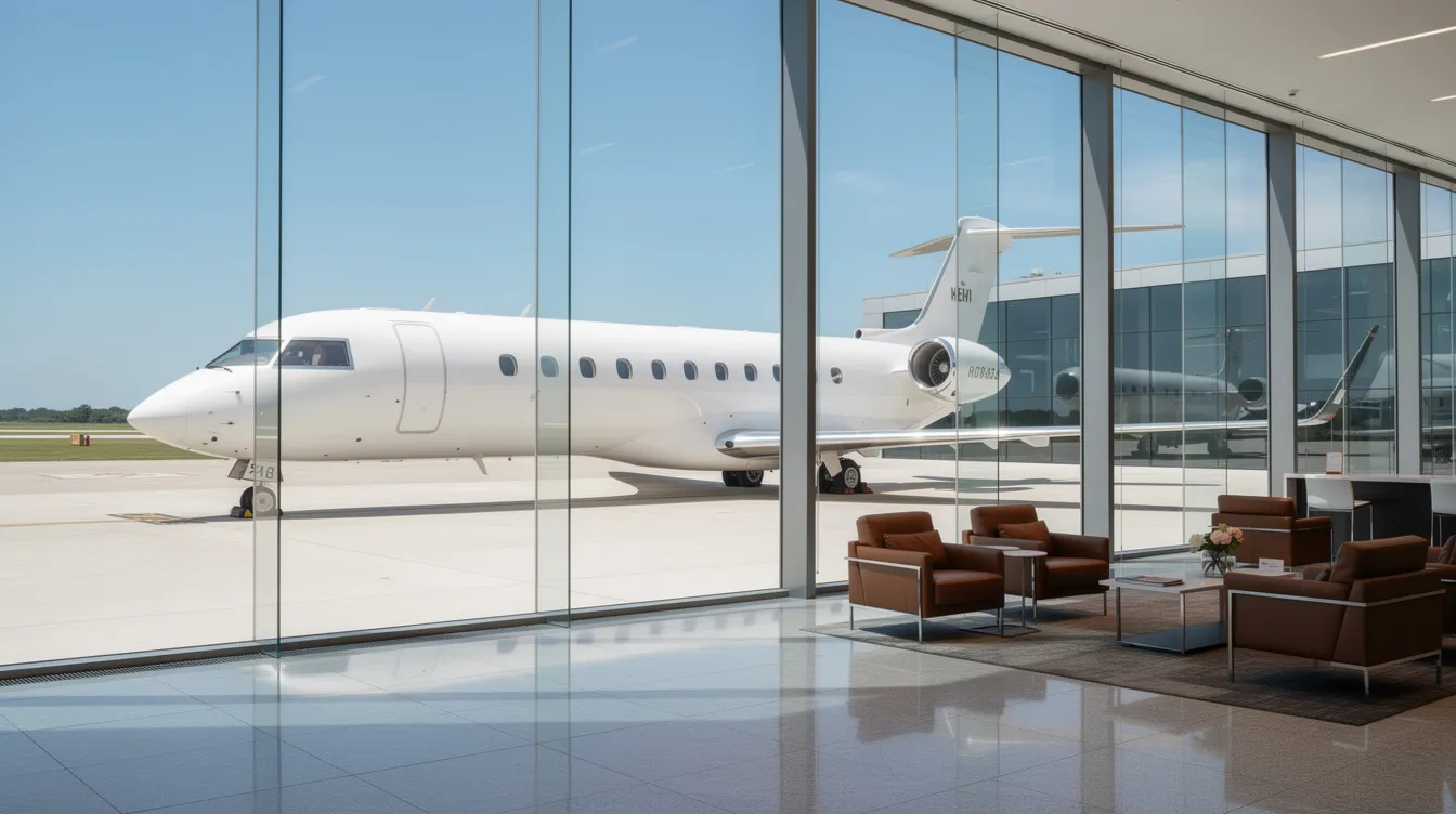 The image depicts a private aviation terminal featuring a sleek white business jet parked on the tarmac, with a modern glass-walled lounge in the foreground, showcasing the luxurious experience associated with flying in an expensive private jet. This setting emphasizes improved efficiency and comfort for pilots and passengers alike.