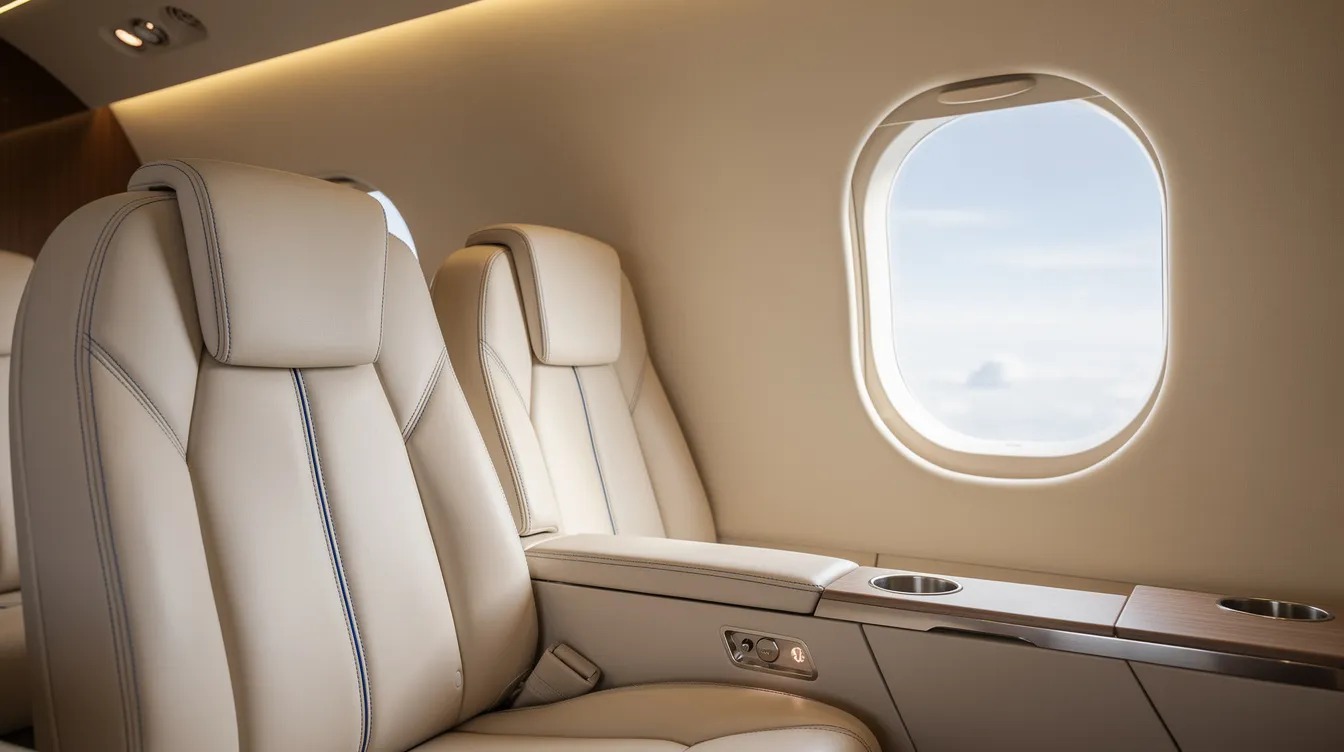 The image showcases a close-up view of an expensive private jet cabin, featuring luxurious cream leather seats with blue accent stitching, an oval window, and ambient LED lighting along the ceiling, creating a sophisticated flying experience. This elegant space highlights the improved efficiency and comfort that come with high-end aviation design.