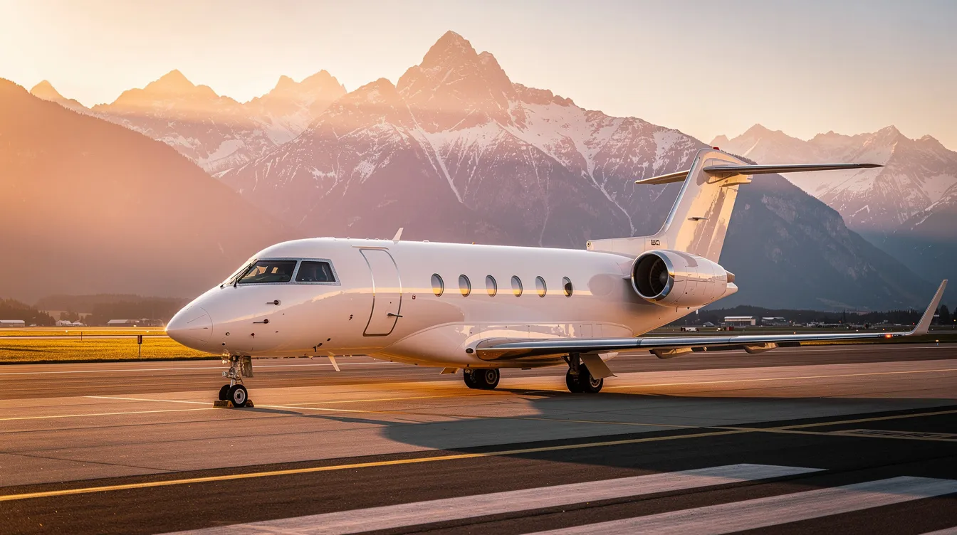 A luxurious business jet is parked on a runway during golden hour, with stunning mountains in the background, showcasing the elegance of expensive private aviation. The scene captures the essence of flying in style, highlighting the aircraft's features and the serene atmosphere of the moment.