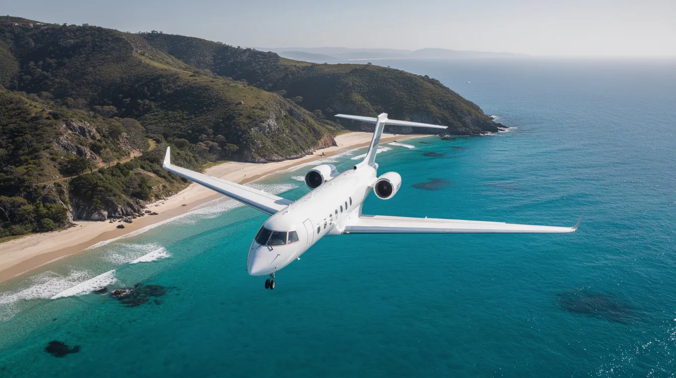 An aerial view captures an expensive private jet soaring above a stunning turquoise coastline, with lush green hills stretching below. This scene highlights the beauty of aviation and the luxurious experience of flying in a private aircraft.