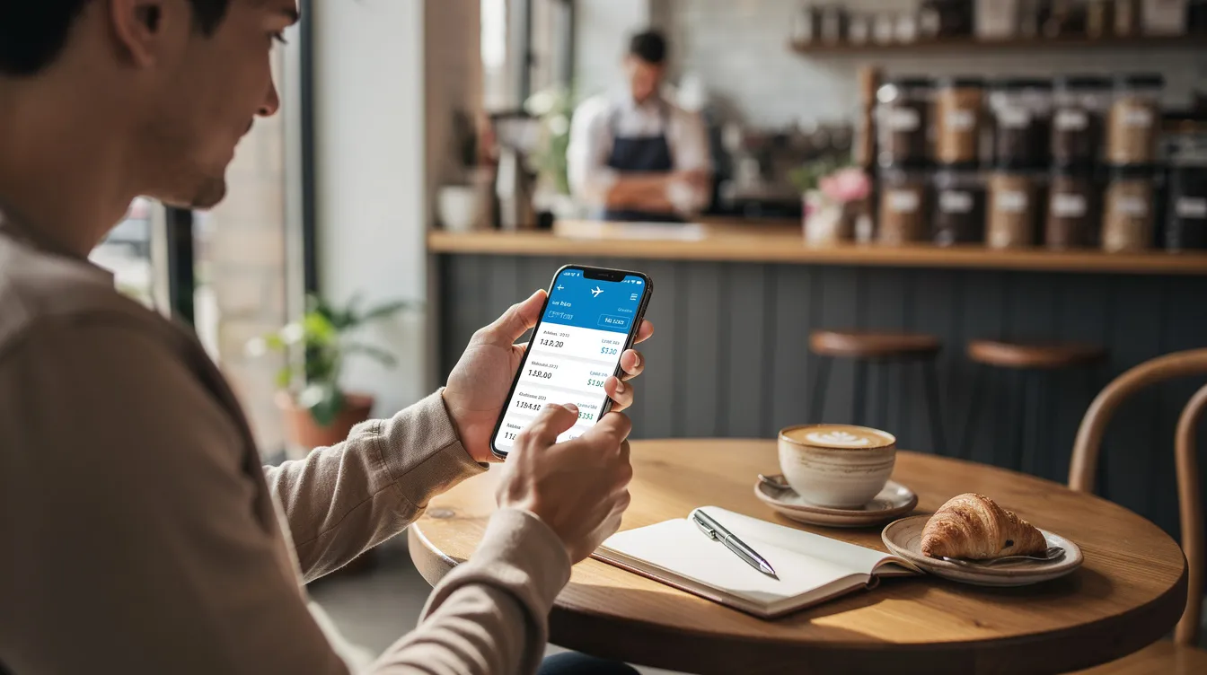 A person is sitting at a coffee shop, intently scrolling through flight options on their smartphone, looking for cheap flights and comparing flight prices for upcoming international trips. The screen displays various airline tickets and potential travel dates, highlighting price drops and last minute deals.