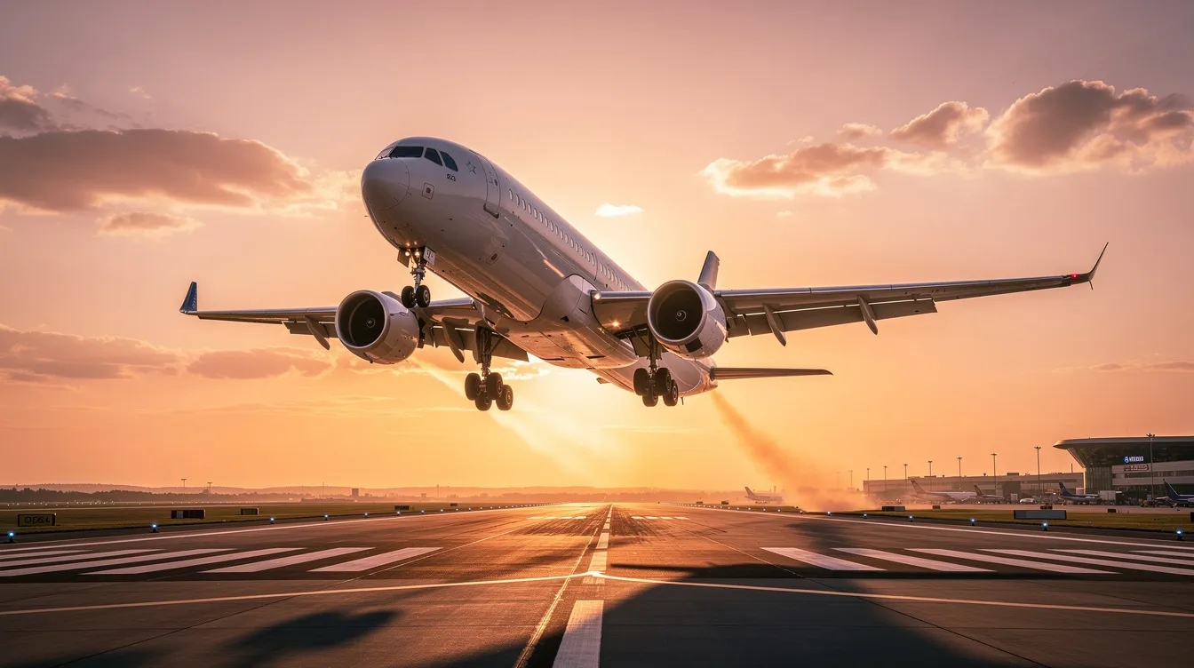 A commercial airplane is taking off into the vibrant hues of a golden hour sunset, symbolizing the excitement of air travel. This scene captures the essence of booking flights for both domestic and international trips, as travelers embark on their journeys during this picturesque time of day.