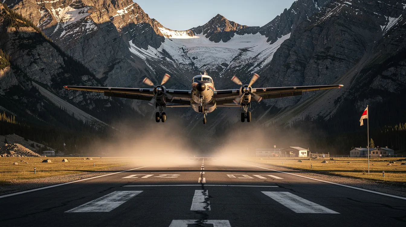 A Beechcraft King Air 350 turboprop aircraft is landing on a short runway nestled among mountains, showcasing its capability to operate in challenging environments. This model, designed to accommodate up to nine passengers, is known for its spacious cabin and versatility in various missions, including air ambulance operations.
