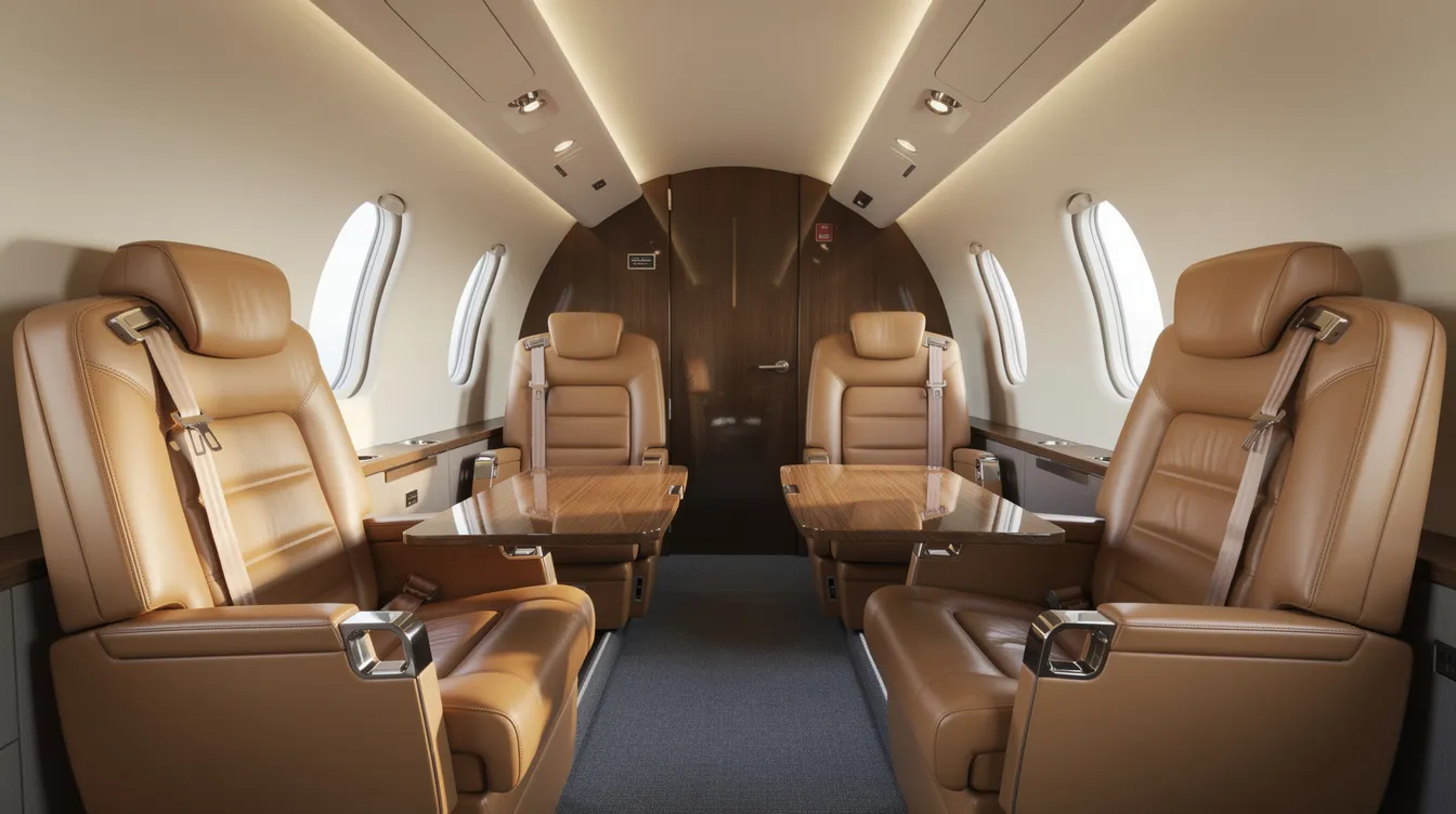 The image depicts the interior of a Beechcraft King Air 350 turboprop aircraft cabin, featuring luxurious leather club seats arranged to face each other with fold-out tables in between, designed to accommodate up to nine passengers for enhanced comfort during flight. The spacious cabin reflects the aircraft's capabilities for both passenger transport and special mission operations.