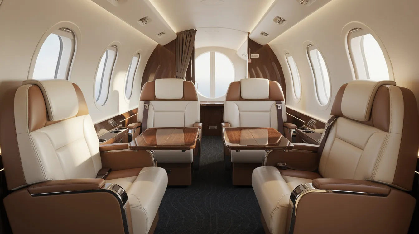 The image depicts the interior of a Pilatus PC 12 45 turboprop aircraft cabin, featuring spacious executive leather club seating designed for up to nine passengers, along with fold-out tables for comfort and convenience during private travel. This cabin layout emphasizes operational efficiency and is ideal for corporate operators and government agencies alike.
