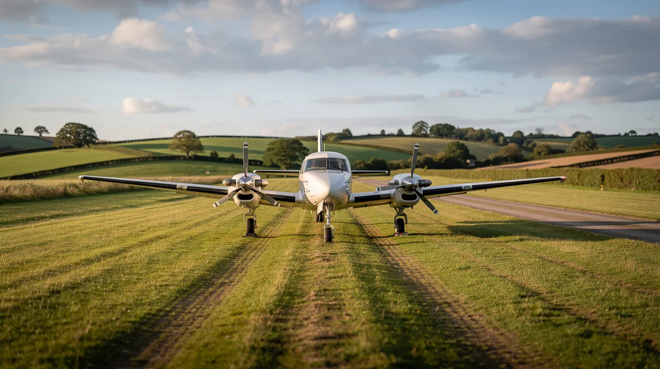 A Pilatus PC-12, a small turboprop airplane designed for up to nine passengers, is parked on a rural grass airstrip with rolling hills in the background, showcasing its spacious cabin and advanced cockpit environment. This versatile aircraft is ideal for private travel and can efficiently operate from short runways, making it perfect for various missions and destinations.