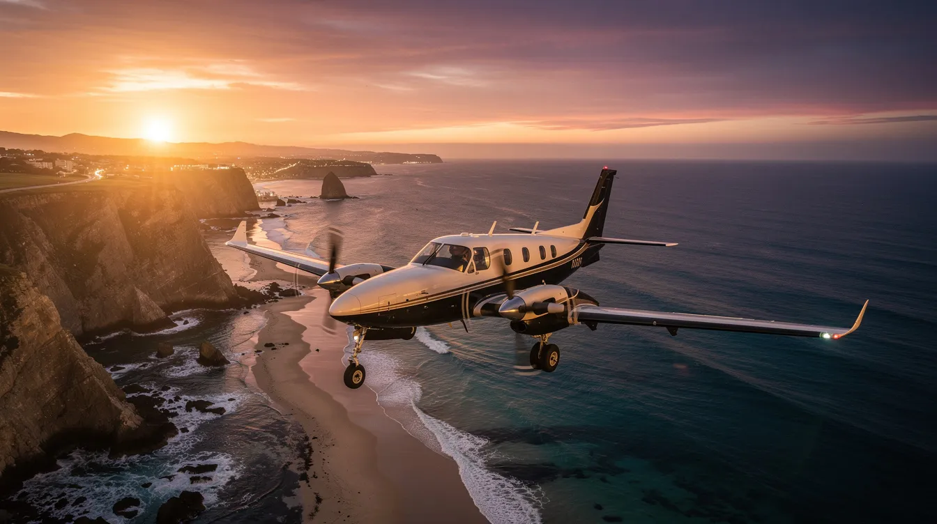 A Pilatus PC 12 45 single-engine turboprop aircraft is soaring over a picturesque coastal landscape during sunset, showcasing its spacious cabin designed for up to nine passengers. This aircraft is known for its operational efficiency and advanced cockpit environment, making it a popular choice for private travel and various missions, including those by the Royal Flying Doctor Service.