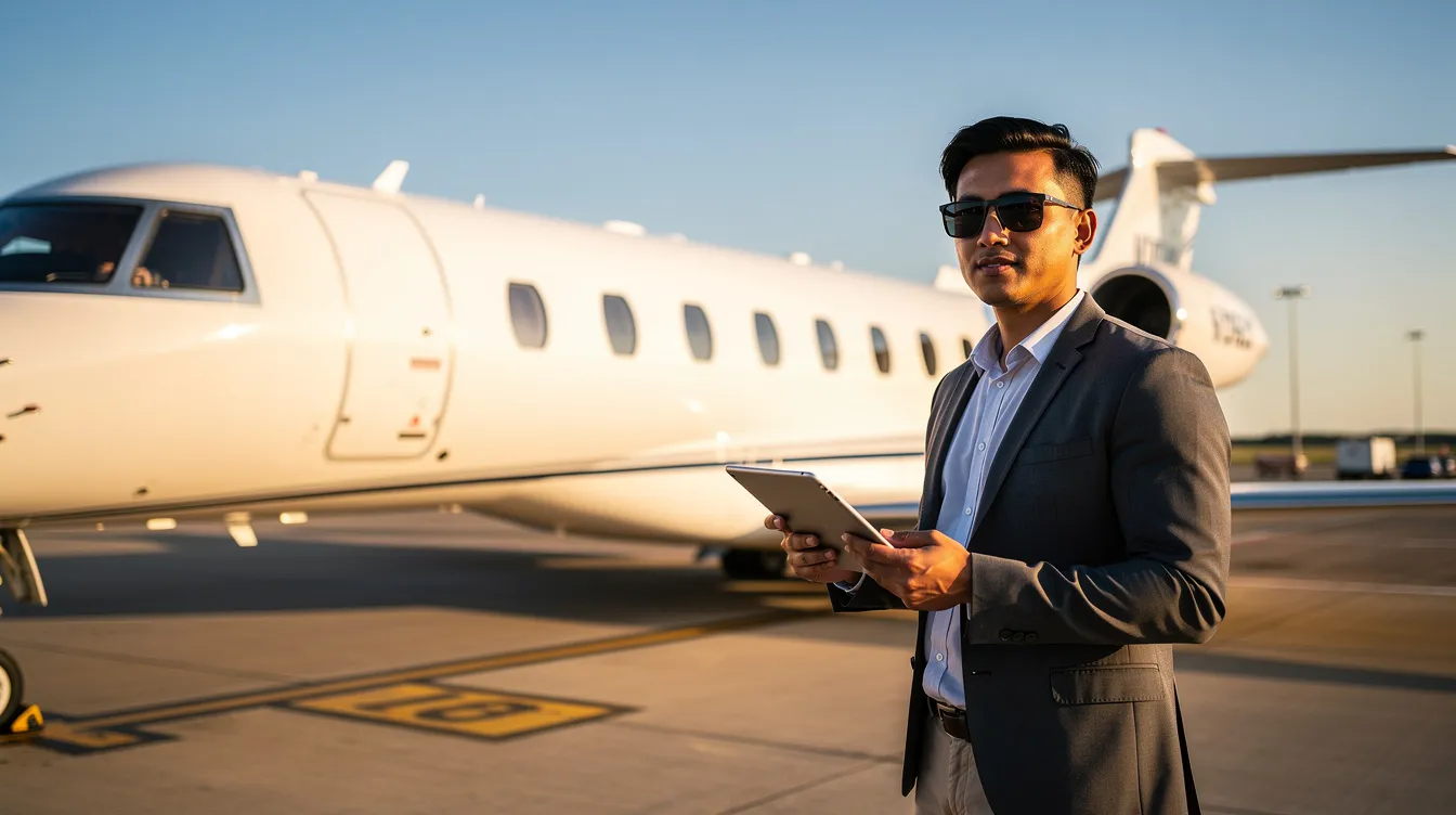 A person stands confidently next to a sleek white private jet on the tarmac, holding a tablet device, with a clear blue sky in the background, symbolizing the luxury and convenience of private jet charter services. This image captures the essence of exceptional travel experiences offered by companies like Rai Jets LLC.