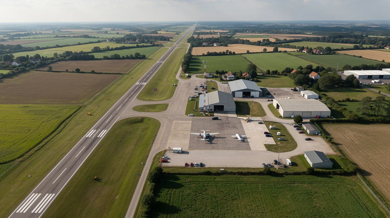 An aerial view of a small regional airport showcases a single runway cutting through a rural landscape, surrounded by scattered buildings and roads. This scene highlights the convenience of travel with private jet charter services, offering exceptional comfort for both business and leisure travelers.