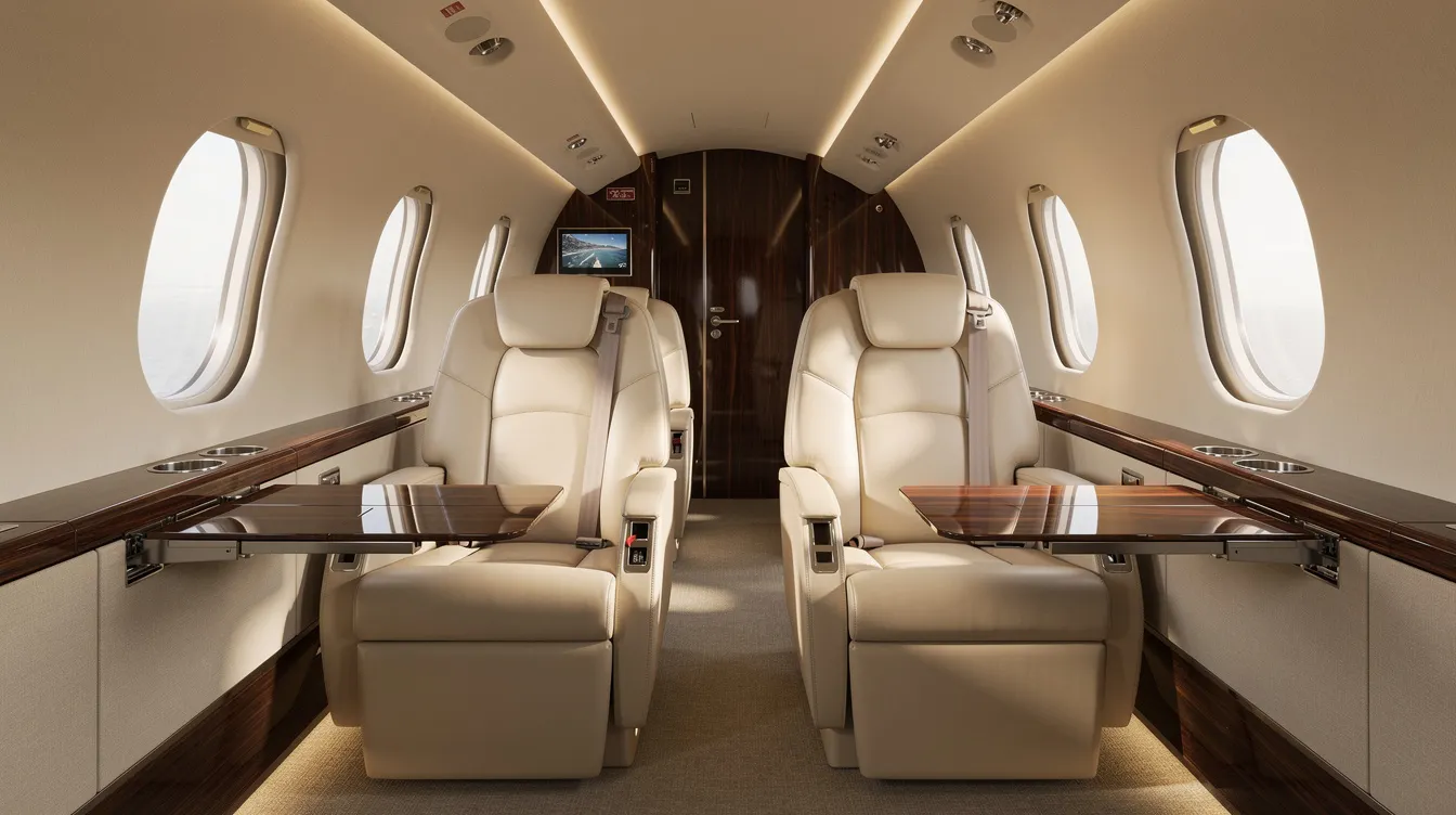 The image shows the interior of a midsize private jet cabin, featuring luxurious leather seats and elegant wood trim, illuminated by natural light streaming through oval windows. This exceptional space is designed for both business and leisure travel, providing comfort and convenience for passengers.
