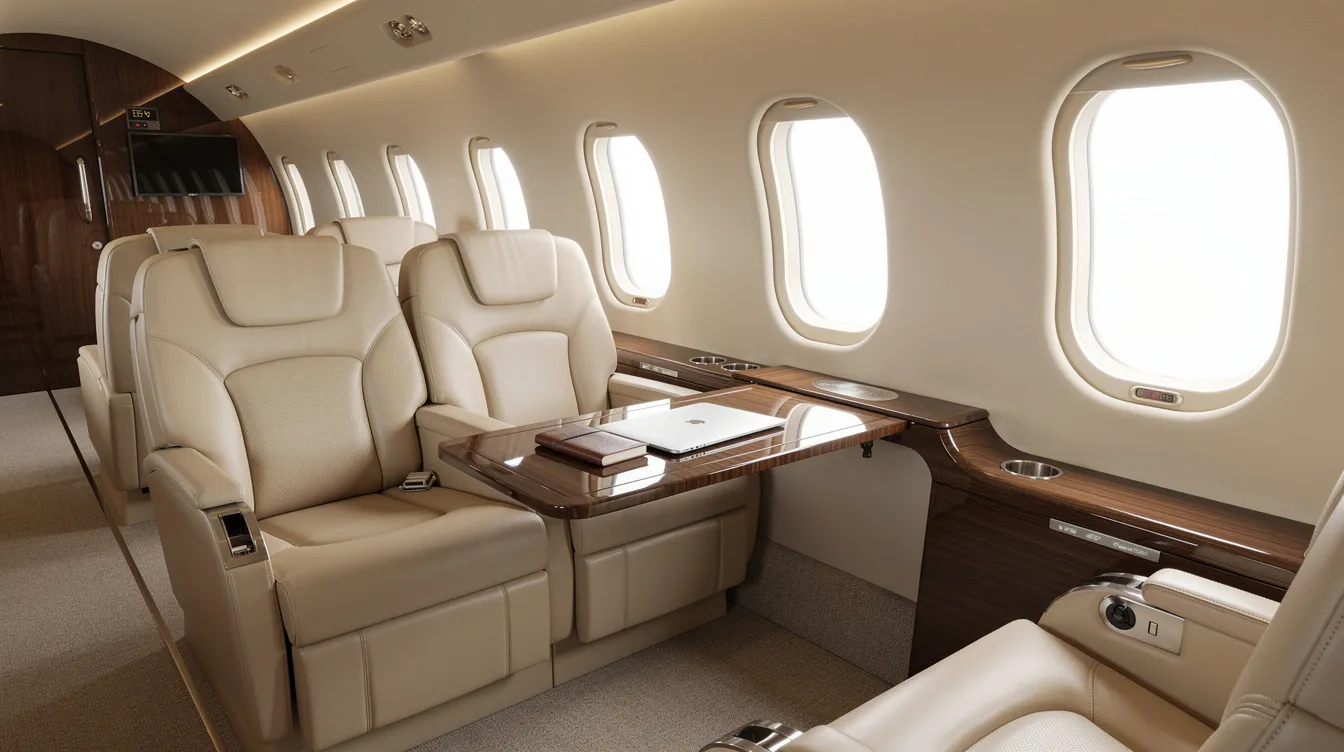 The image depicts the interior of a midsize private jet cabin featuring club-style leather seats arranged to face each other, with a fold-out work table positioned between them, ideal for conducting business or enjoying a conversation during a jet charter. This luxurious setting exemplifies the comfort and functionality offered by a managed fleet of charter aircraft.