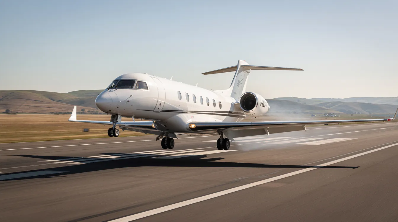 A sleek white private jet is taking off from a runway, soaring into a clear blue sky with distant hills visible in the background. This image captures the essence of air charter service, showcasing the convenience and luxury of frequent jet charters.