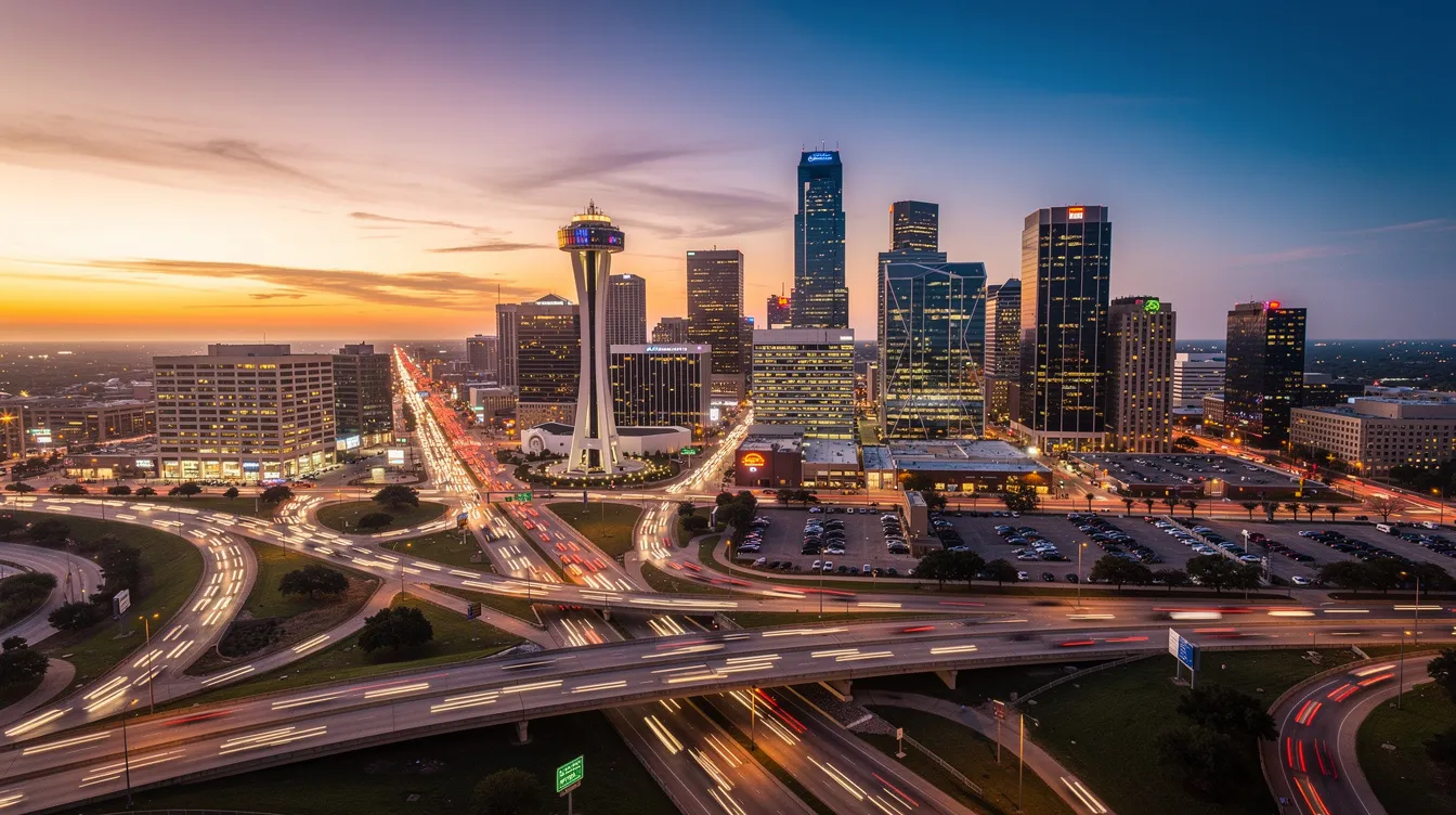 An aerial view of the Dallas skyline at sunset showcases the city's iconic buildings silhouetted against a vibrant orange and purple sky, while the highway lights below create a shimmering network of illumination. This picturesque scene highlights the beauty of Dallas and the accessibility of air charter services, such as Addison Jet Management, for those seeking private jet travel.