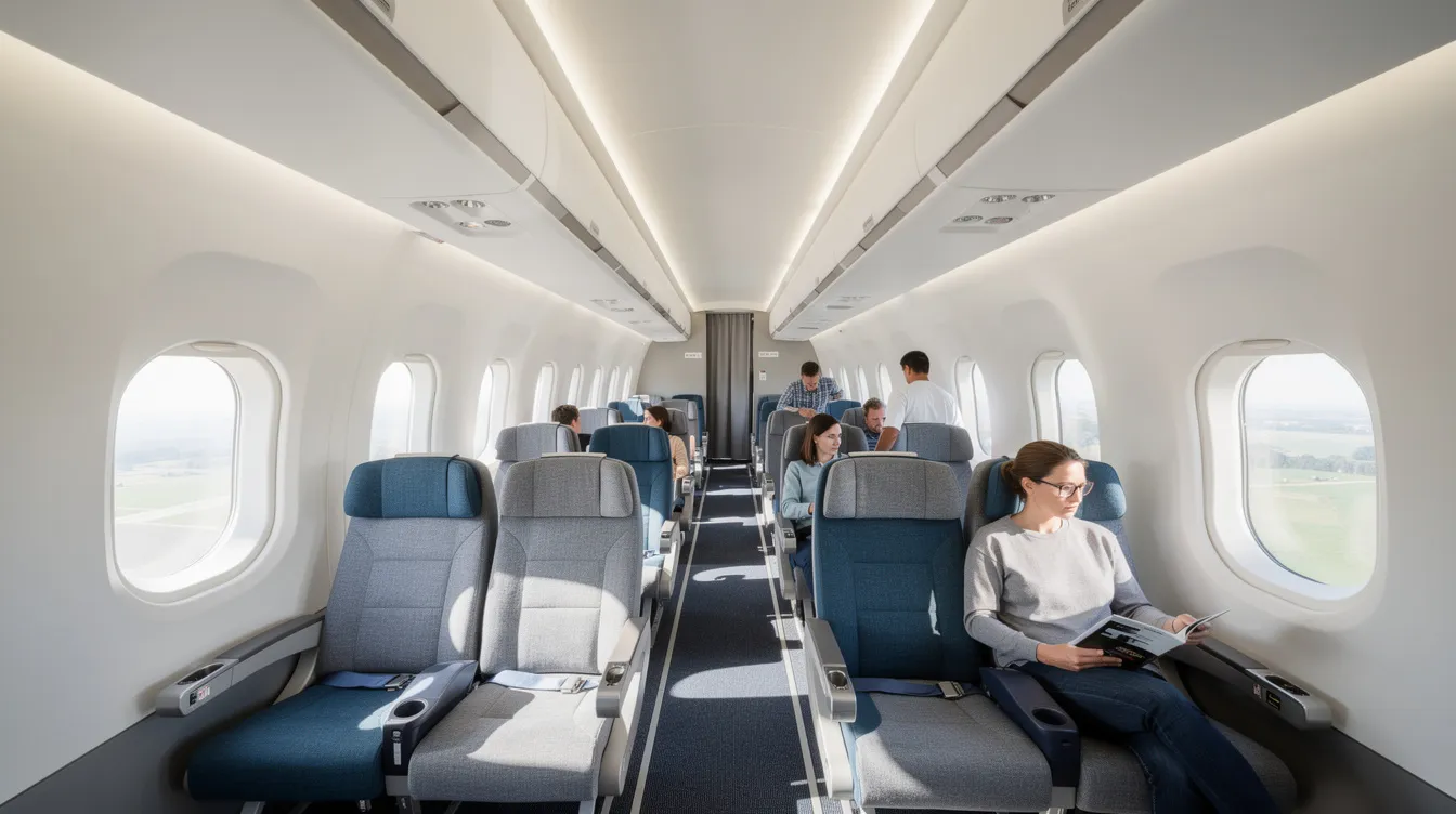 The image shows the interior cabin of a British Aerospace BAE 146 regional aircraft, featuring comfortable seating arranged in neat rows, with natural light streaming in through the windows, creating a welcoming atmosphere for passengers. This regional airliner is designed for short haul routes, emphasizing quiet operation and comfort.