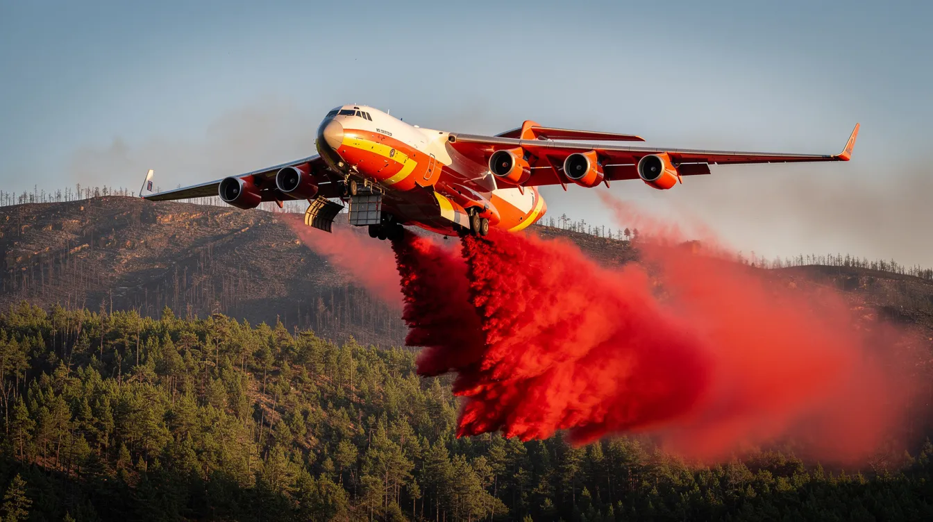 A large British Aerospace BAE 146 turbofan aircraft, painted in high-visibility colours, is seen flying over forested hills as it drops red fire retardant for aerial firefighting efforts. This regional airliner, known for its quiet operation and four-engine configuration, plays a crucial role in combating wildfires.