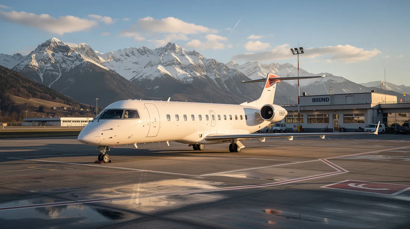 A British Aerospace BAE 146 regional jet aircraft is parked at a small European airport, with majestic mountains visible in the background. The aircraft, known for its quiet operation and high wing configuration, is a notable example of a production aircraft designed for short haul routes.
