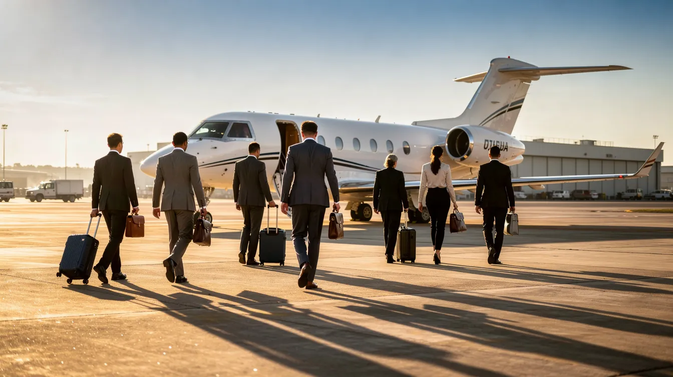 A group of business professionals is walking towards a sleek private jet on a sunlit airport tarmac, ready for their flight. The jet, likely a model from Hawker Beechcraft, is designed to accommodate up to eight passengers, showcasing the luxury and efficiency of modern business aviation.