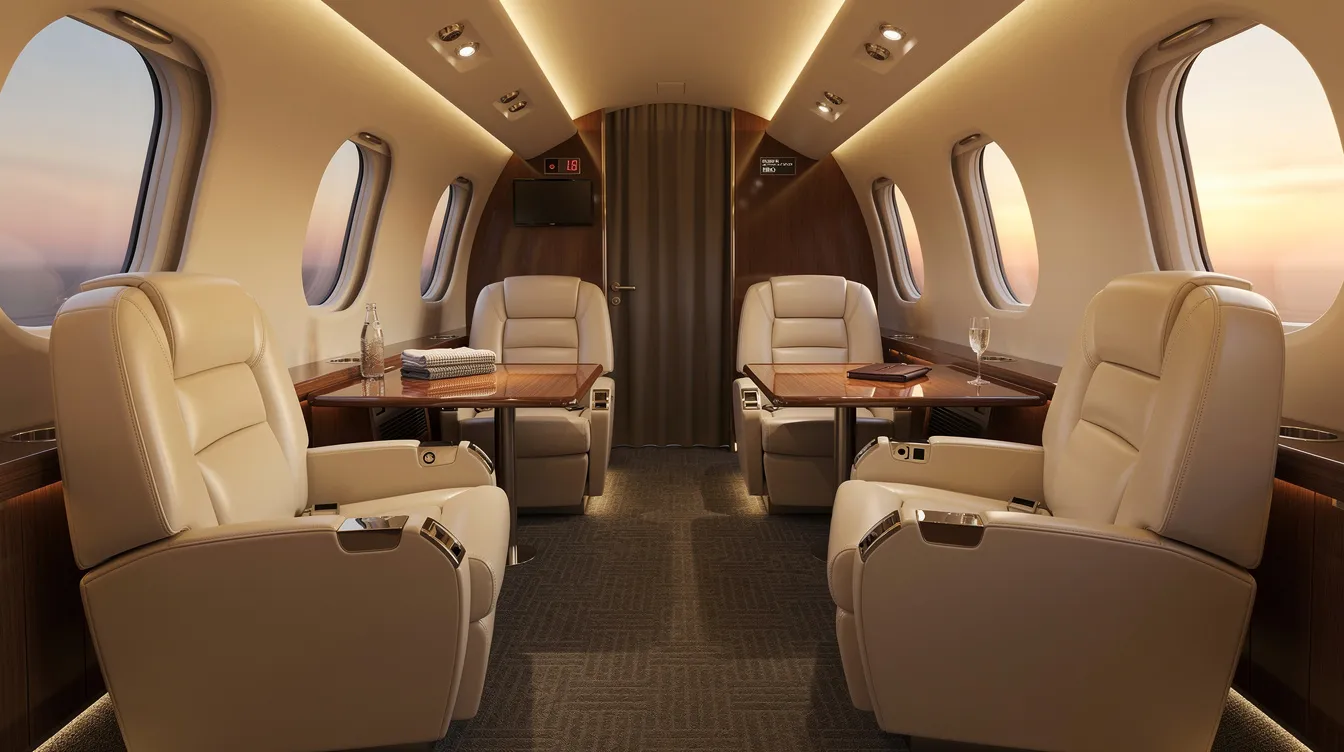 The image depicts the luxurious interior of a private jet cabin featuring cream leather seats arranged in a club configuration, complemented by warm ambient lighting. This spacious design accommodates up to eight passengers, providing a comfortable and elegant environment for business travel.