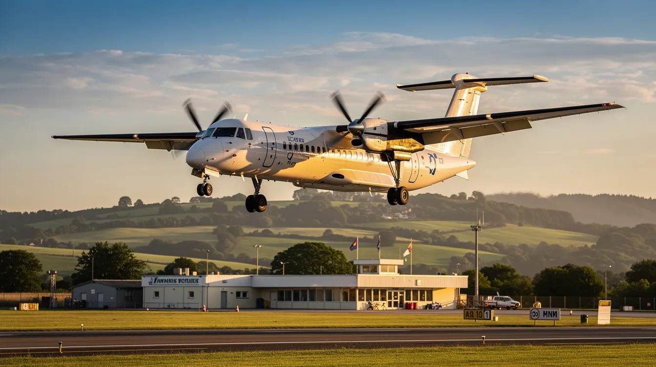 A twin-engine turboprop aircraft, resembling a Beechcraft model, is approaching for landing at a small airport, with verdant green hills in the background. The aircraft is likely configured to accommodate up to eight passengers and two pilots, showcasing its versatility in general aviation.