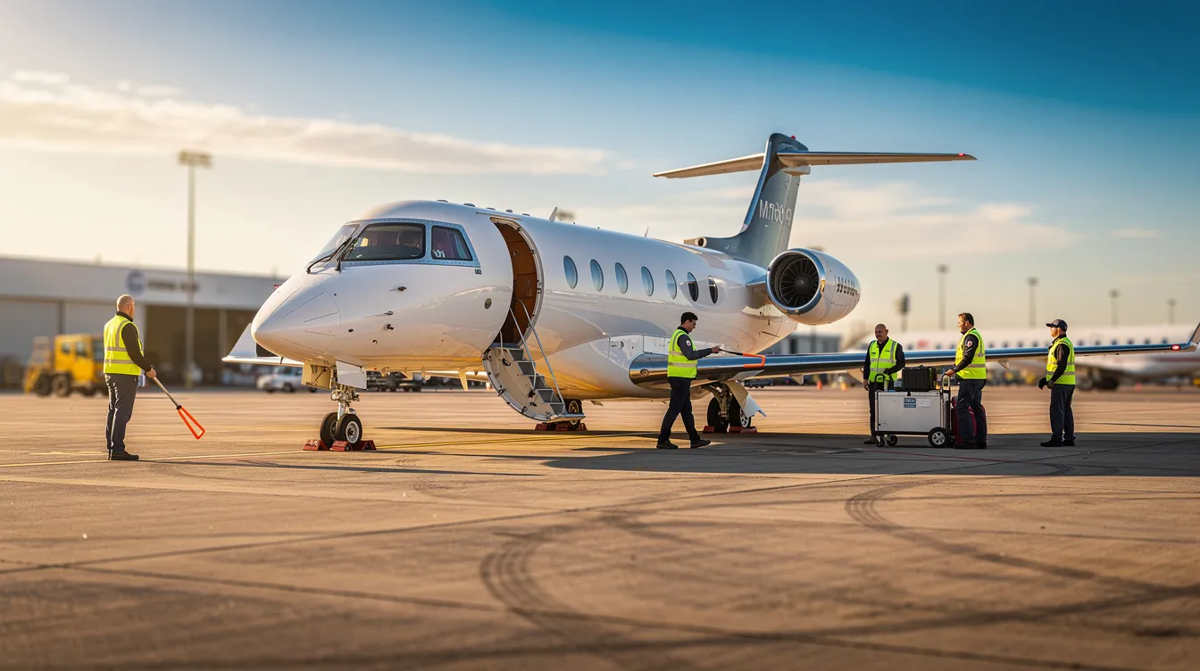 A light business jet, representing the world of private aviation, is parked on a sunlit airport tarmac with ground crew members nearby, ready for operations. This scene highlights the growing demand for fractional ownership models, where many owners share aircraft availability, ensuring clients can fly with minimal waiting time.