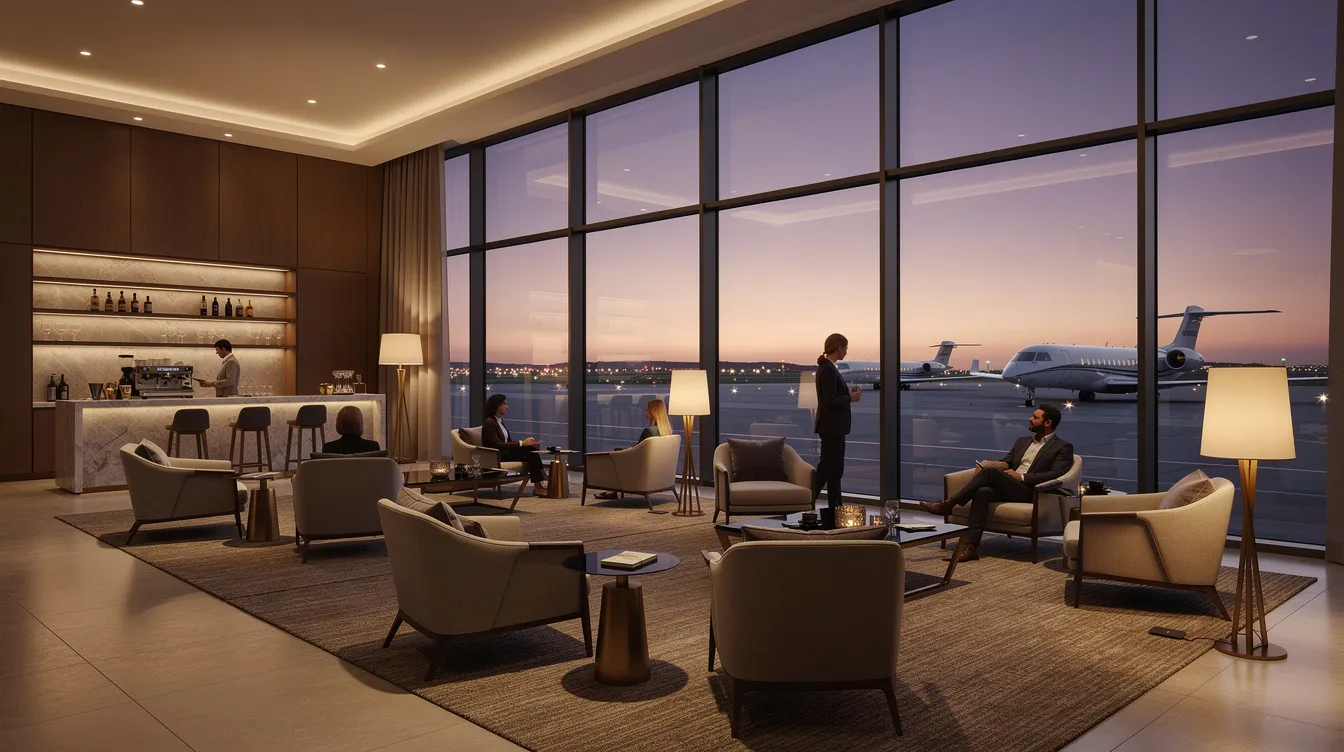 The image depicts a luxurious private aviation terminal lounge with floor-to-ceiling windows that provide a stunning view of the runway at dusk. The ambiance reflects the exclusivity of private aviation, ideal for fractional owners looking to maximize aircraft availability and minimize waiting time.