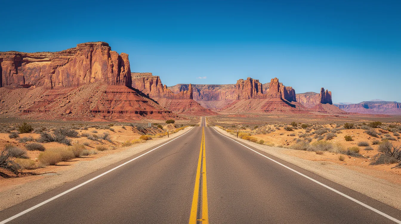 A long, straight desert highway stretches toward distant red rock mountains under a clear blue sky, showcasing the beautiful scenery typical of the journey from Las Vegas to Arizona. This picturesque route invites travelers to explore the wonders of the Old West and enjoy the natural beauty of the region.