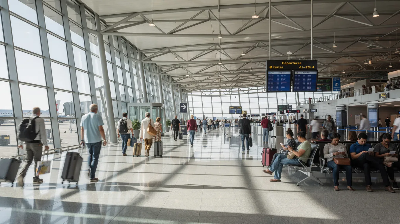The image depicts a bustling international airport terminal filled with travelers navigating a wide concourse, highlighting the dynamic atmosphere of air travel. This scene reflects the importance of booking flights in advance to secure the best prices and take advantage of fluctuating flight prices for both domestic and international trips.