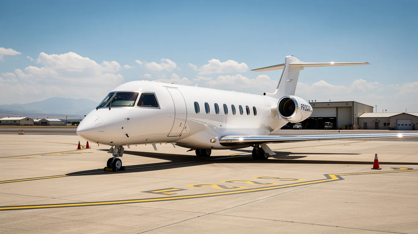 A sleek private jet is parked on a sunlit tarmac at a regional airport, showcasing the luxury of air travel. This image reflects the world of premium flights, where booking international airfare can lead to significant savings and the best deals for business travelers and holiday flights alike.