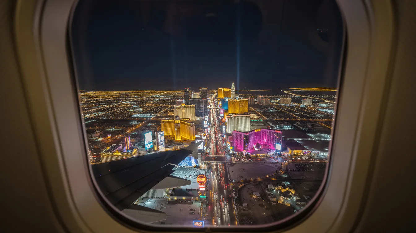 The image captures a stunning view of the Las Vegas Strip illuminated at night from an airplane window, showcasing a vibrant array of city lights below. This aerial perspective highlights the bustling energy of Las Vegas, a popular destination for travelers flying from airports like Phoenix Sky Harbor International to Harry Reid International Airport.